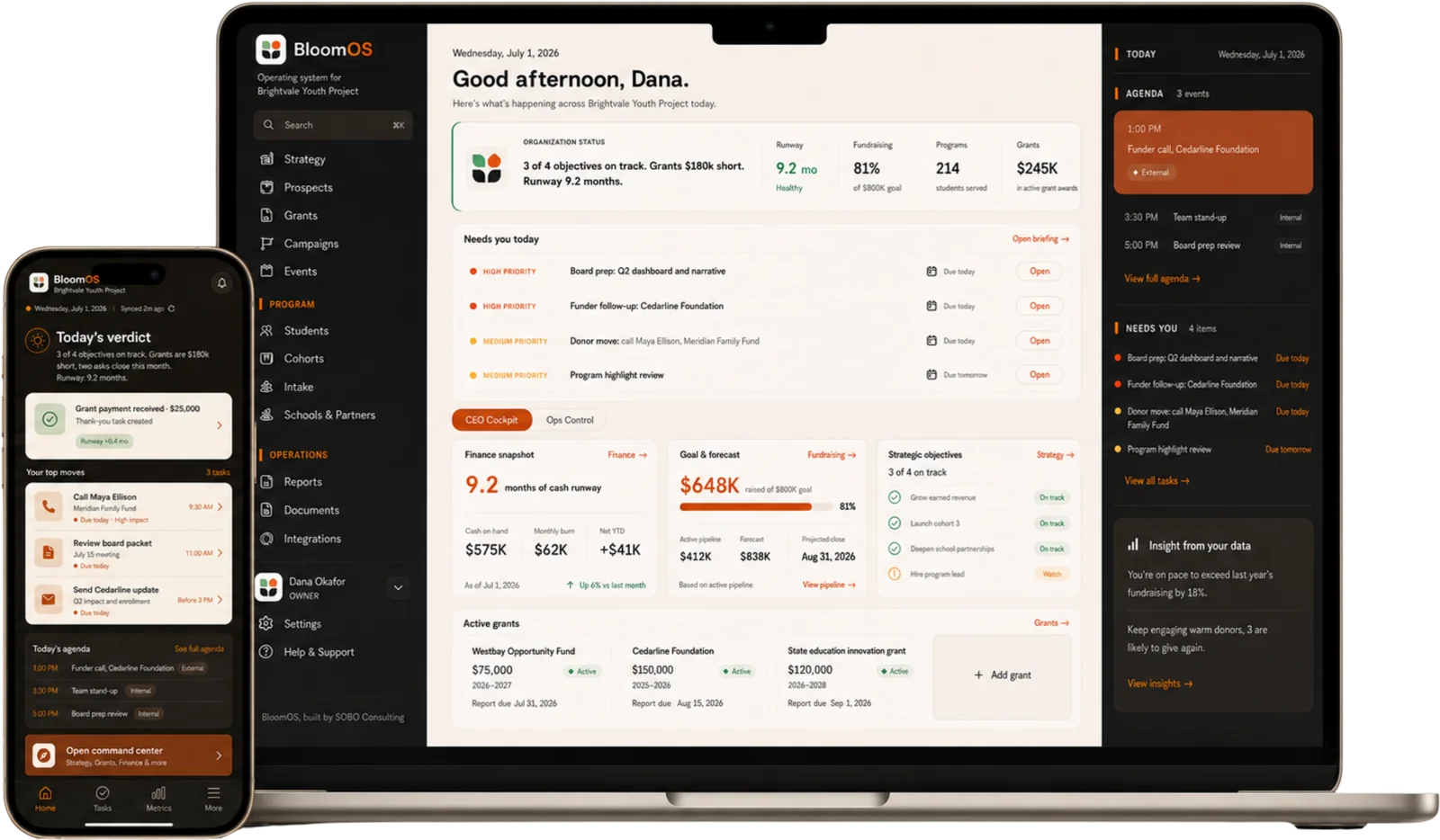 The BloomOS dashboard shown on a laptop with the mobile home screen shown on an iPhone